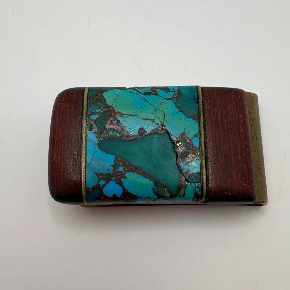 Vintage Turquoise, Wood & Brass Money Clip